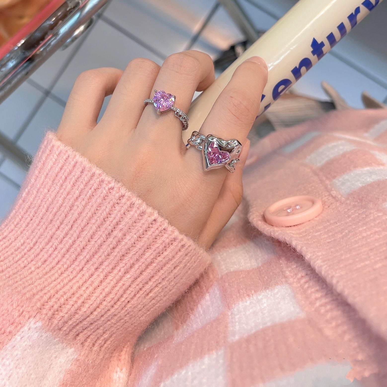 Pink Heart Zircon Rings，Y2K Girl Style Rings – sweetsprayshop