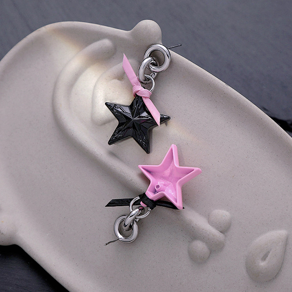 Pink star necklace, pink black star earrings, dopamine girl style