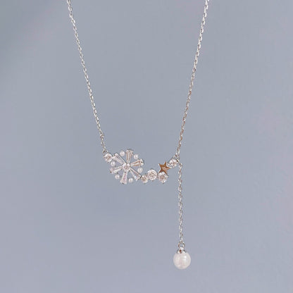 Platinum Plated Snowflake Pearl Tassel Necklace