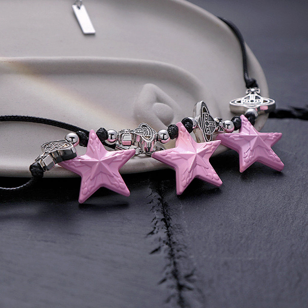 Pink star necklace, pink black star earrings, dopamine girl style