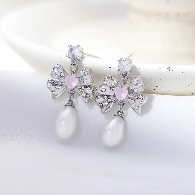 Pink Diamond Bowknot Pearl Earrings，Pink Diamond Bowknot Pearl Set