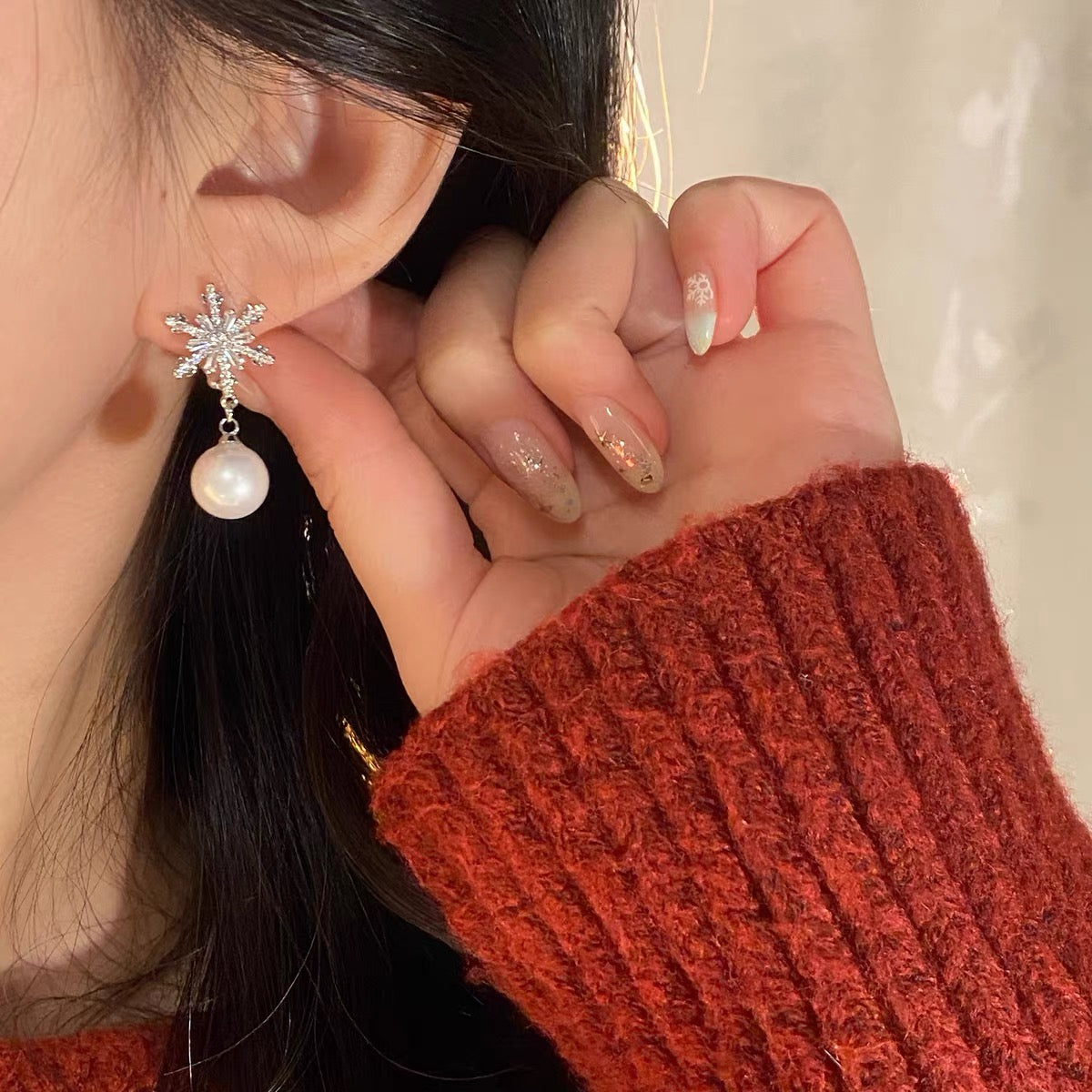 [Merry Christmas] Snowflake Pearl Earrings