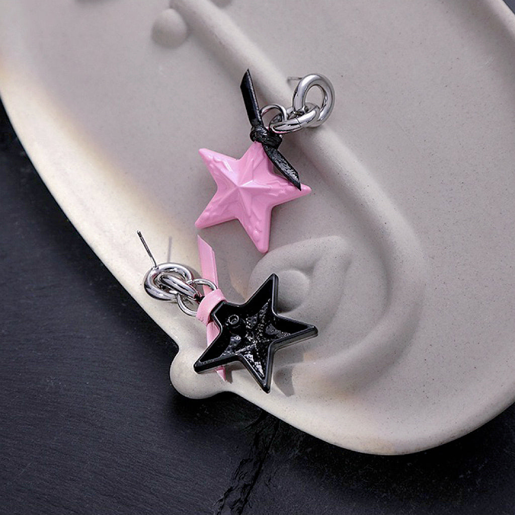 Pink star necklace, pink black star earrings, dopamine girl style