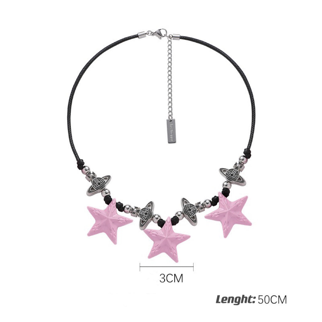 Pink star necklace, pink black star earrings, dopamine girl style