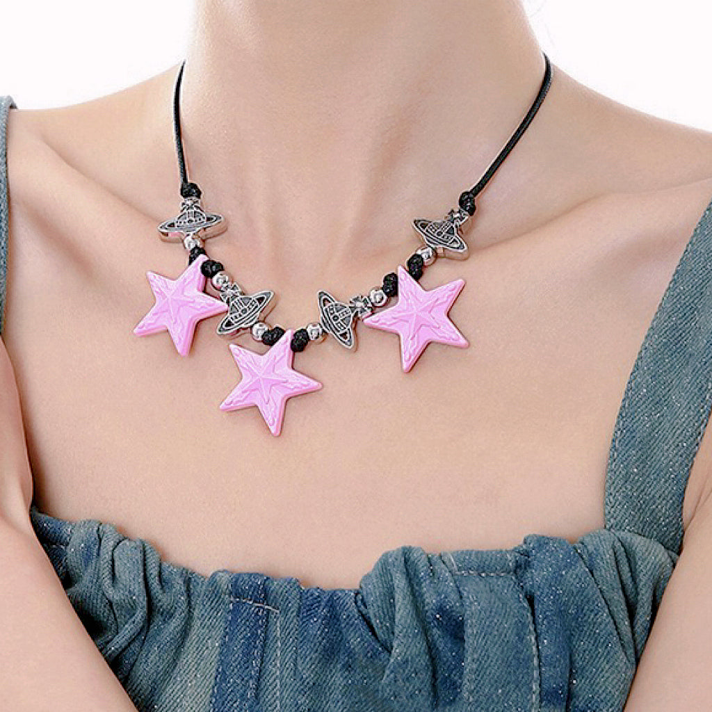 Pink star necklace, pink black star earrings, dopamine girl style