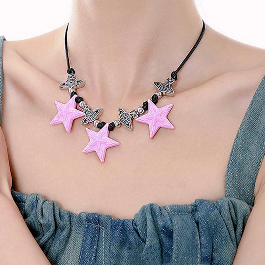 Pink star necklace, pink black star earrings, dopamine girl style