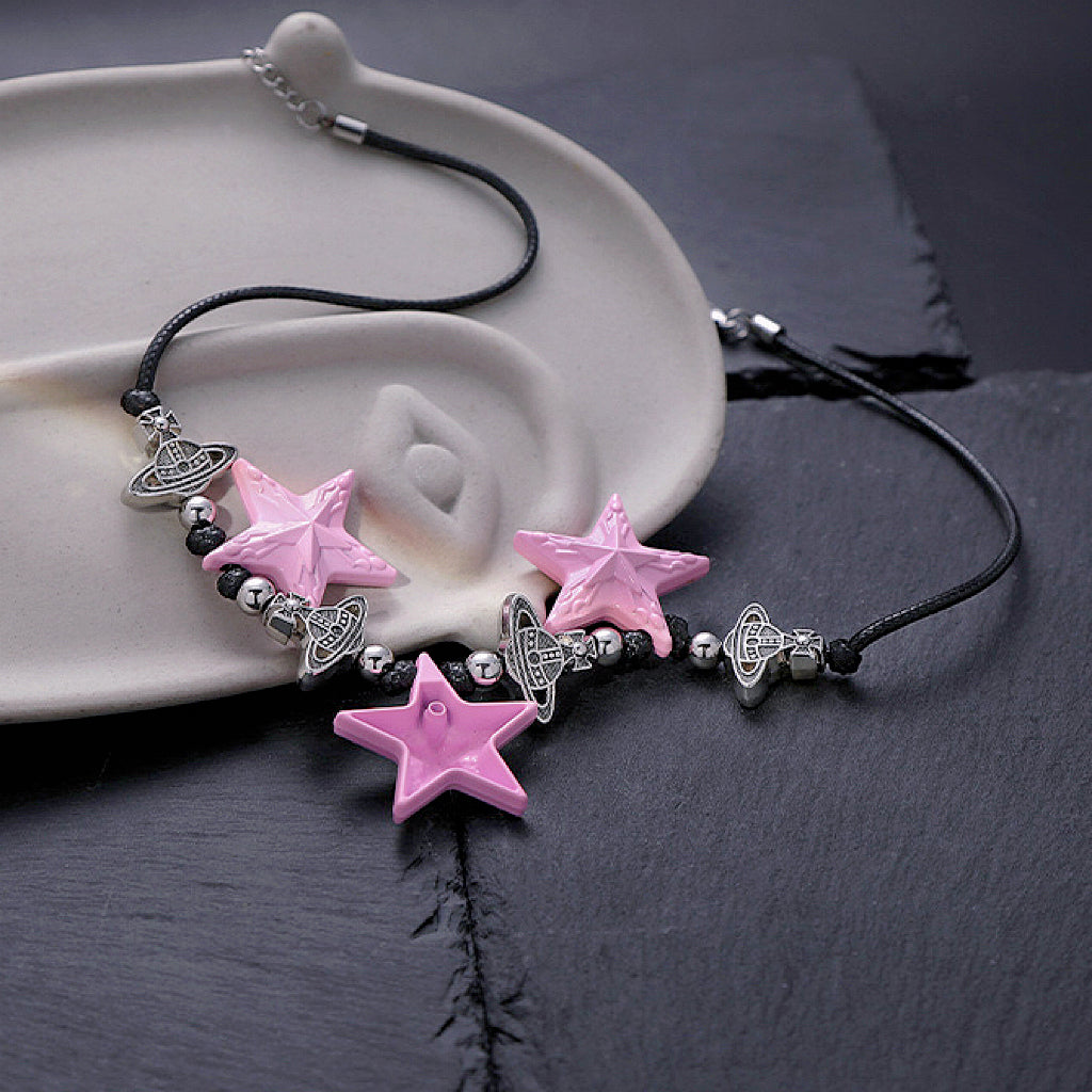 Pink star necklace, pink black star earrings, dopamine girl style