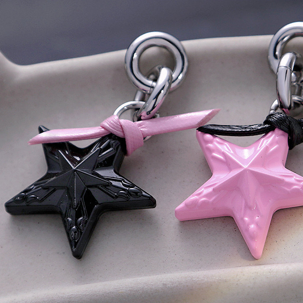 Pink star necklace, pink black star earrings, dopamine girl style