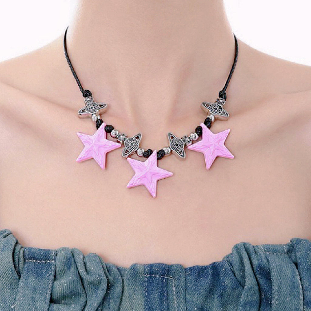 Pink star necklace, pink black star earrings, dopamine girl style