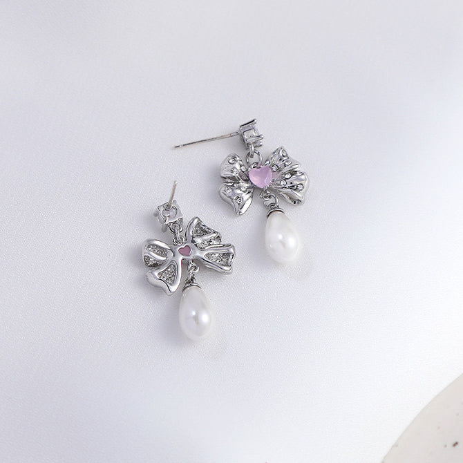 Pink Diamond Bowknot Pearl Earrings，Pink Diamond Bowknot Pearl Set