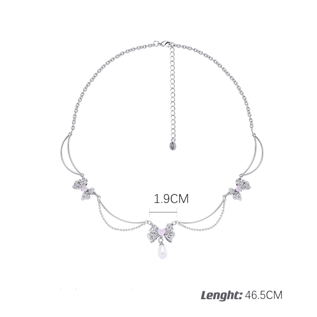 Pink Diamond Bowknot Pearl Necklace, Daily Fashion Clavicle Chain