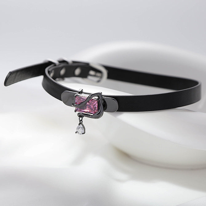 Pink Zircon Leather Choker, Y2K Girls Fashion Jewelry