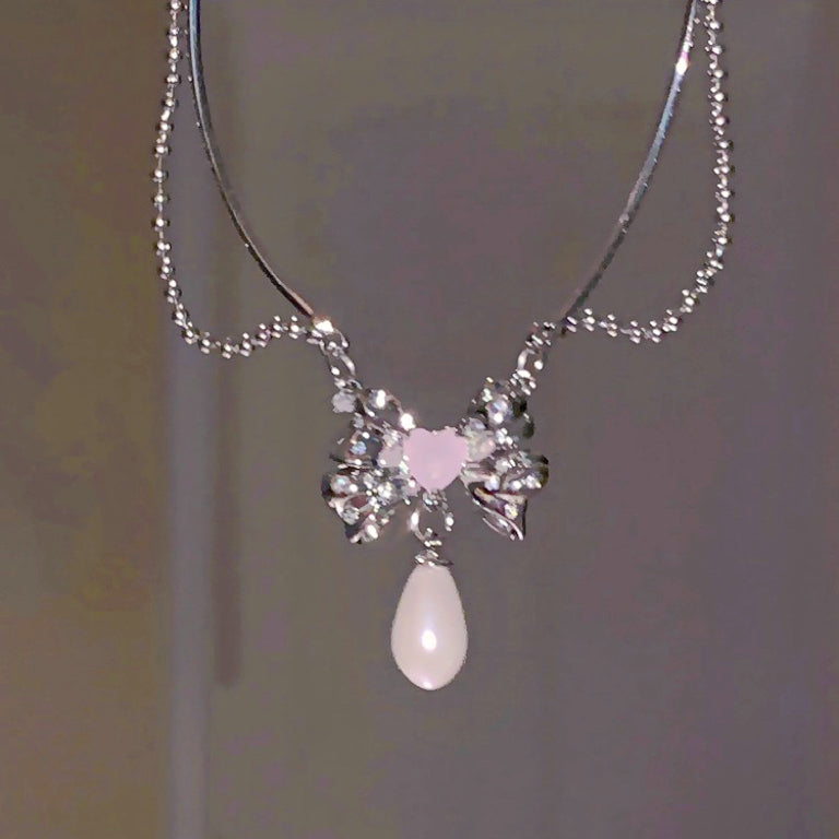 Pink Diamond Bowknot Pearl Necklace, Daily Fashion Clavicle Chain