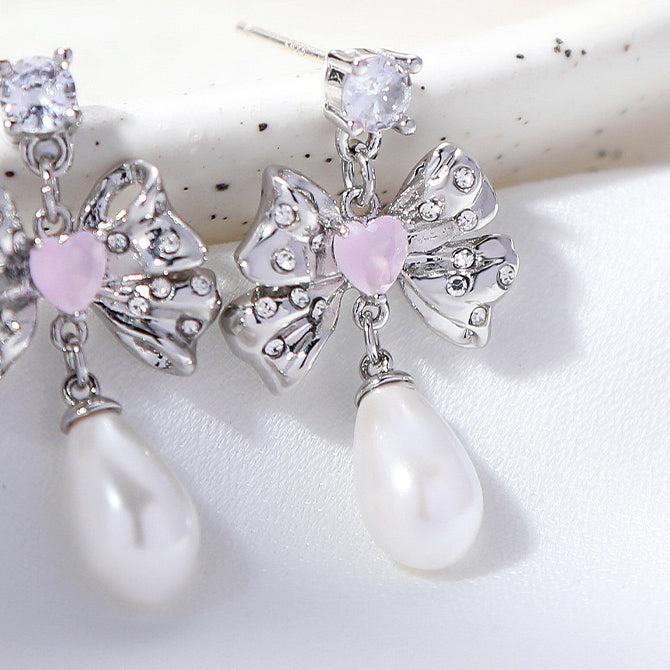 Pink Diamond Bowknot Pearl Earrings，Pink Diamond Bowknot Pearl Set