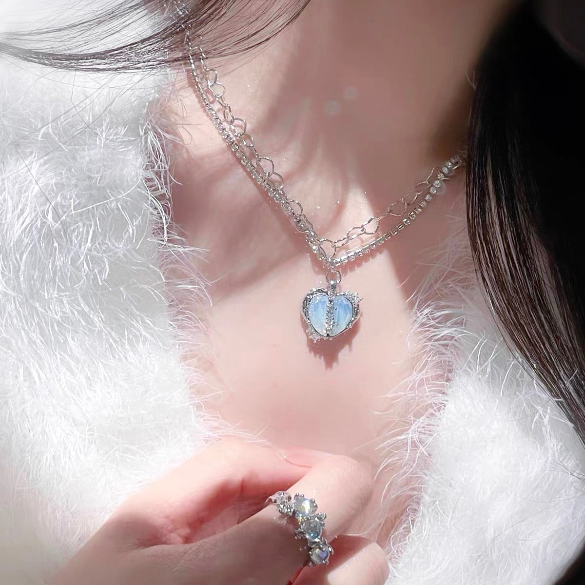 Blue Heart Zircon Double Layer Necklace