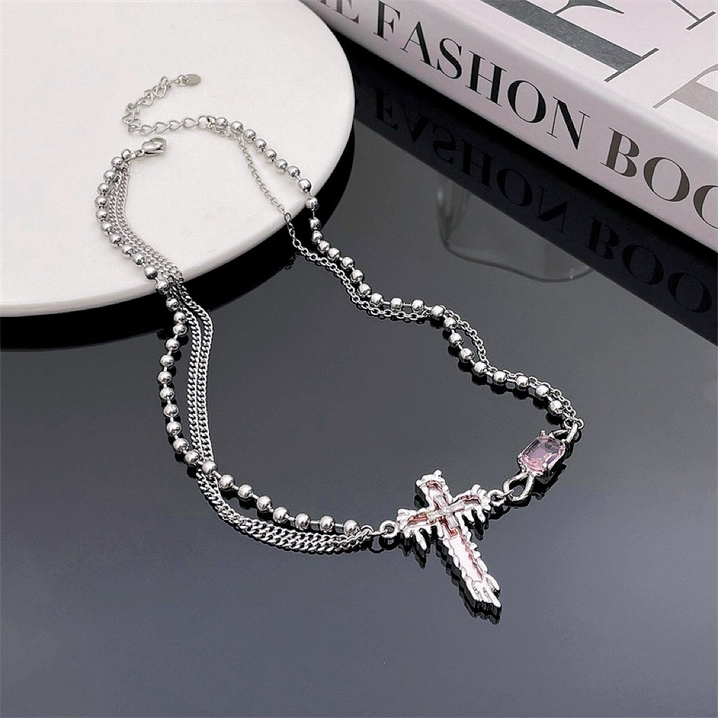 Pink Zircon Mirror Cross Necklace