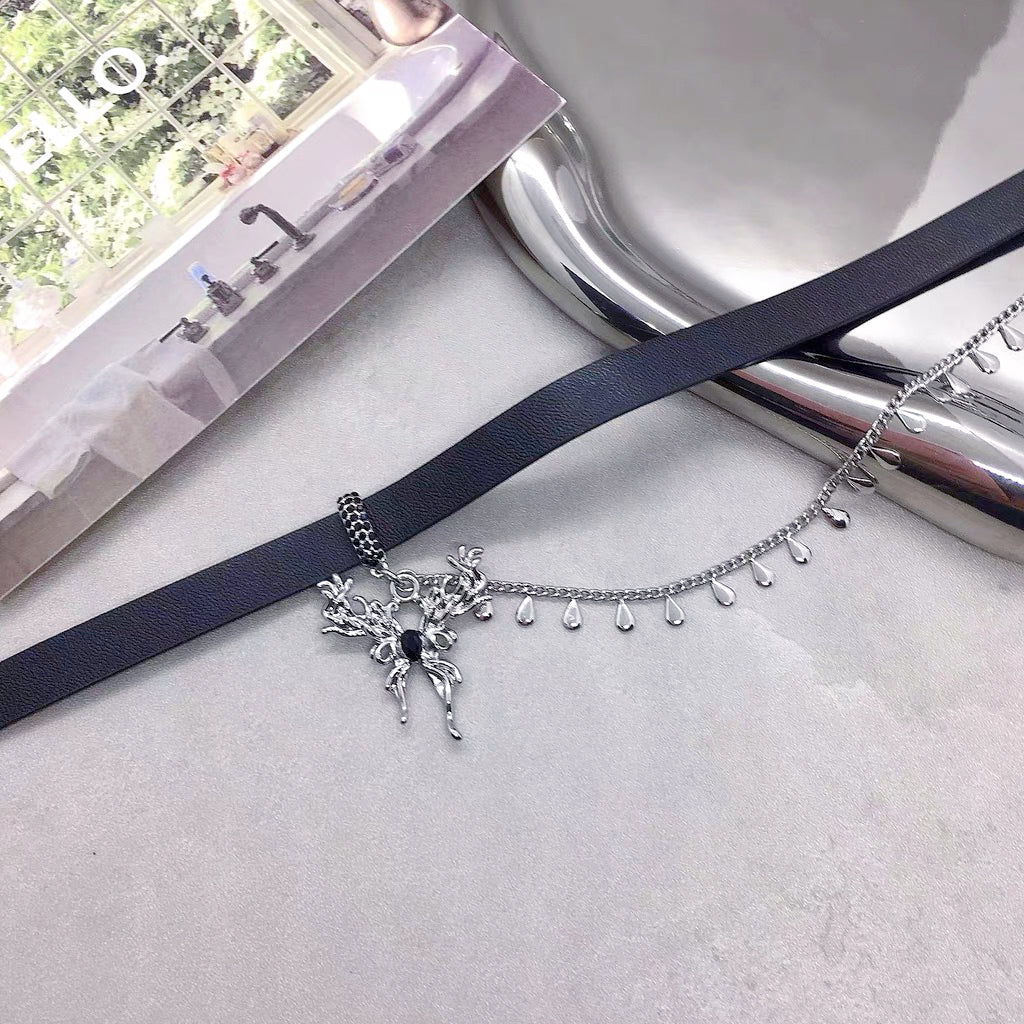 Metal Butterfly Tassel Leather Choker