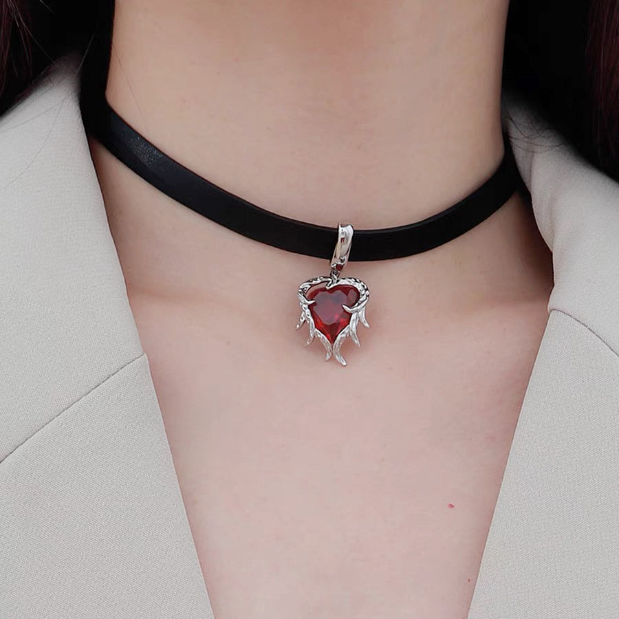 Ruby Leather Choker，Ruby Zircon Set