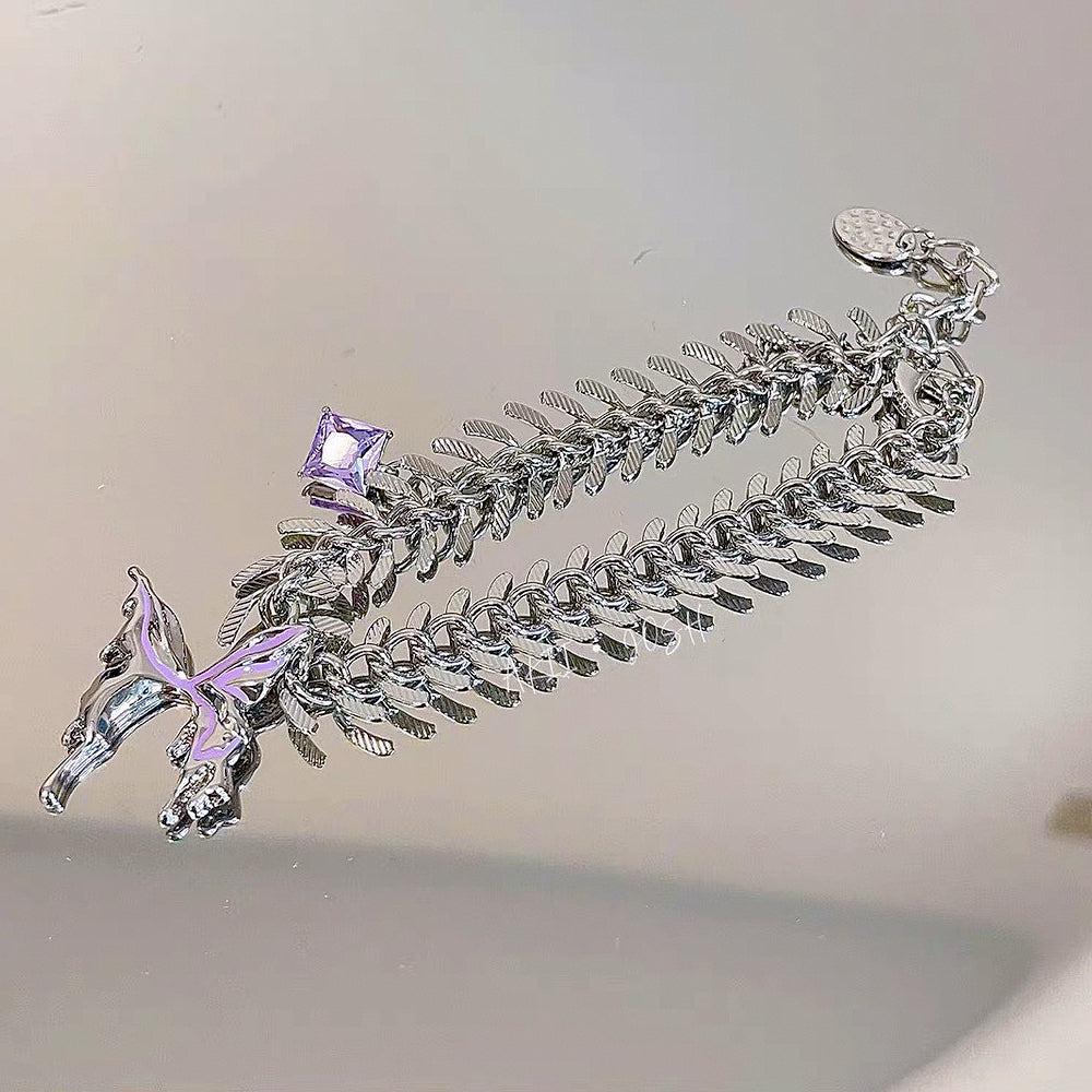 Purple Liquid Metal Butterfly Necklace，Fishbone Butterfly Bracelet