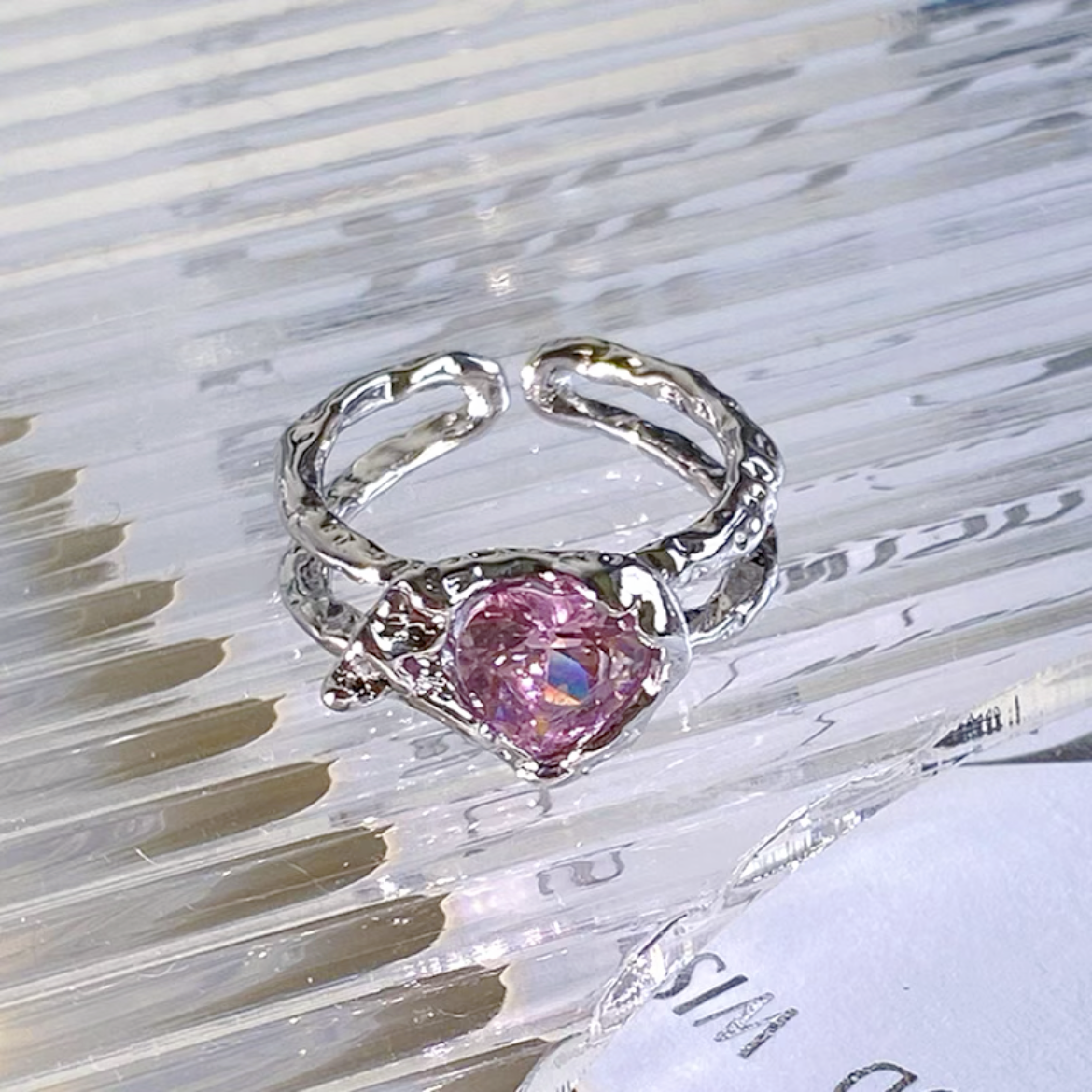 Pink & White Heart Zircon Ring，Y2K Pink Ring