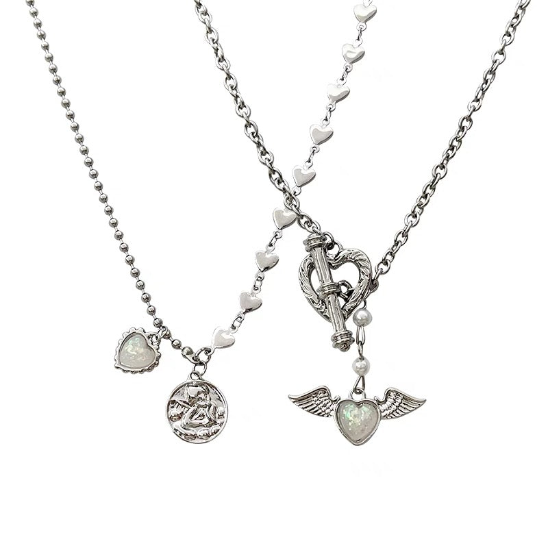 Angel Wings Heart Opal Necklace，Vintage Angel Medal Pendant Necklace