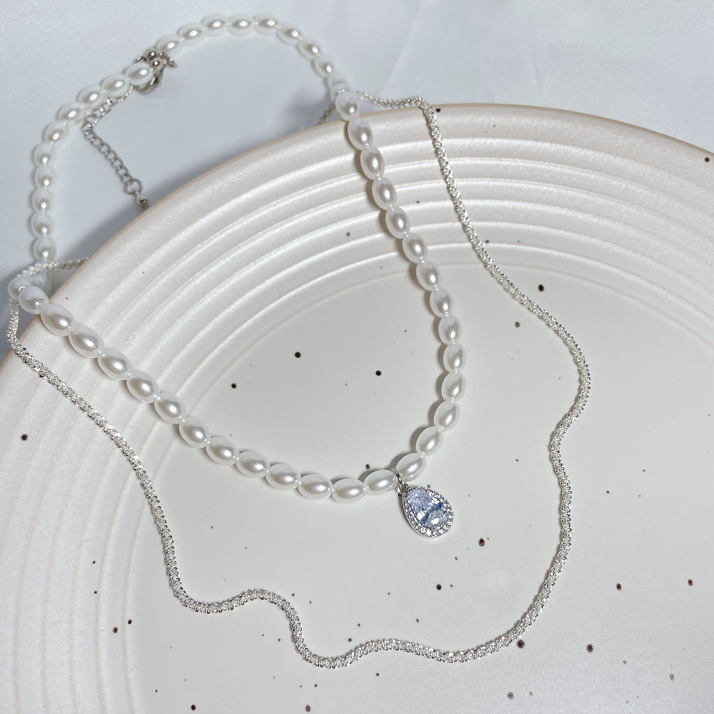 [Sparkling] Zircon Pearl Necklace, Dual Purpose Clavicle Chain