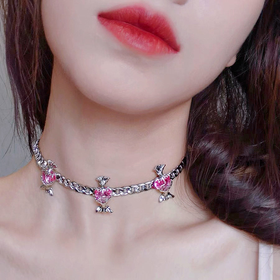 Pink Heart Candy Necklace, Y2K Style Fashion Clavicle Chain