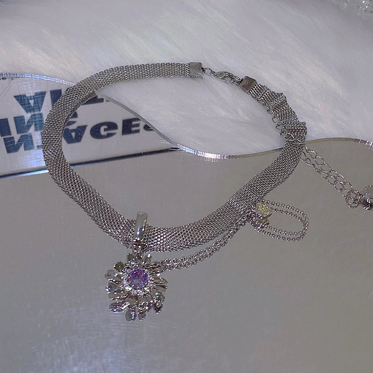 Purple Zircon Flower Necklace，Fashion Sweet Cool Choker