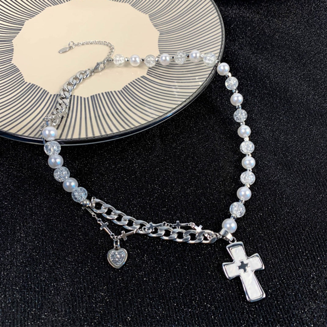 Heart Cross Pearl Asymmetry Layered Necklace