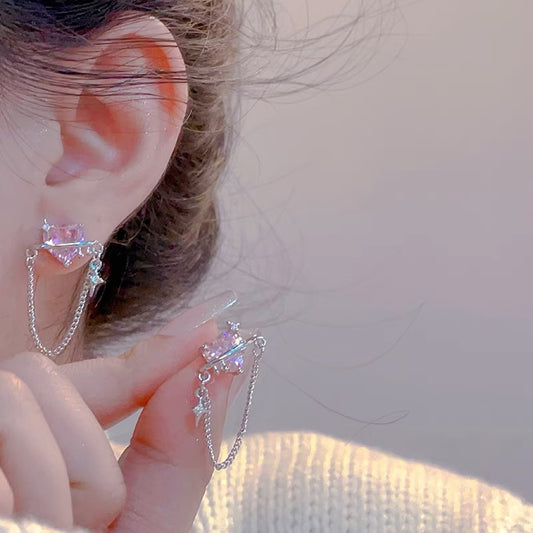 Pink Heart Zircon Tassel Earrings