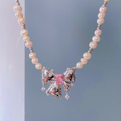 Pink Diamond Bow Pearl Necklace，Pink Zircon Earrings