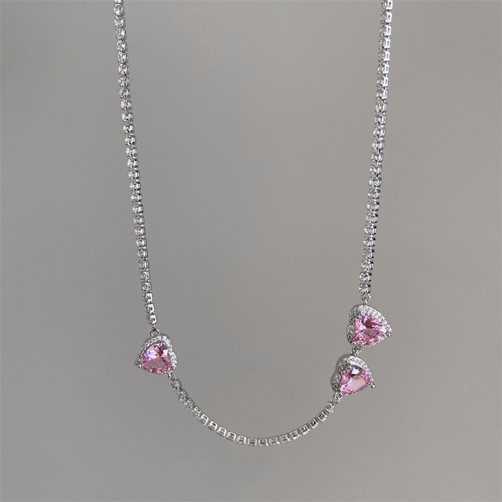 Pink Diamond Heart Necklace, y2kpink style Clavicle Chain