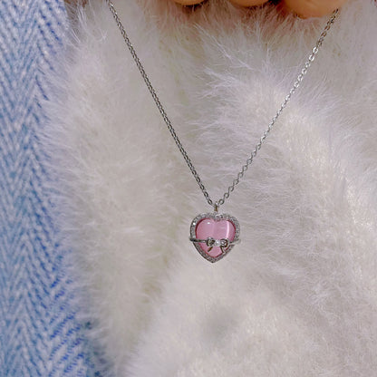 Pink Bow Heart Opal Necklace