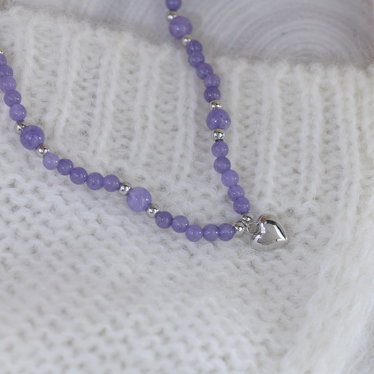 Purple Zircon Heart  Diamond Necklace，Purple Beaded Heart Necklace