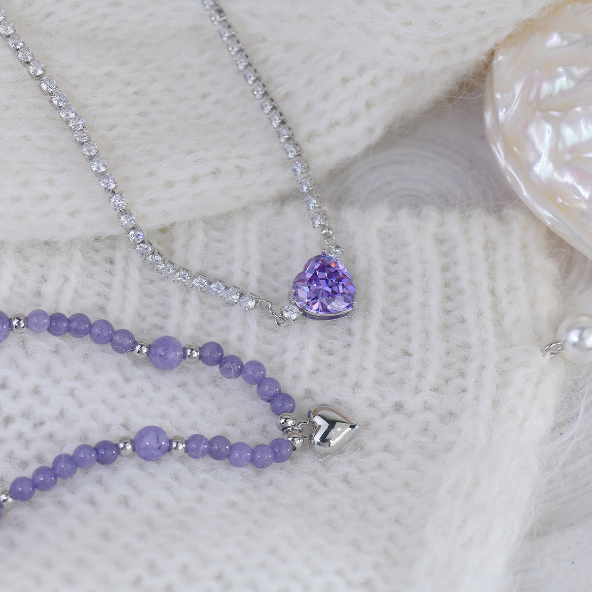 Purple Zircon Heart  Diamond Necklace，Purple Beaded Heart Necklace