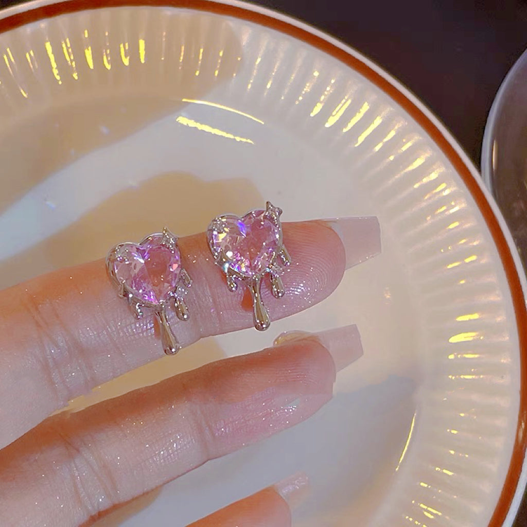 Pink Heart Zircon Liquid Earrings