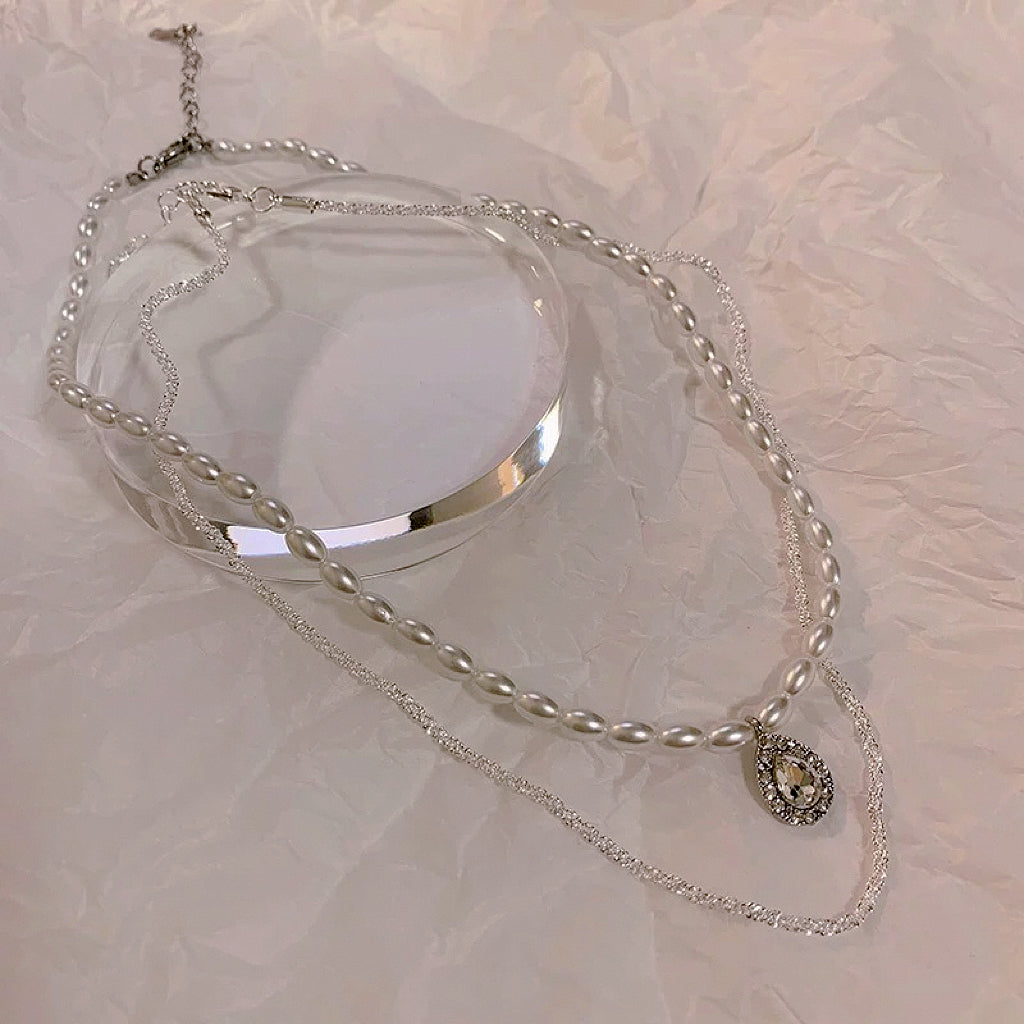 [Sparkling] Zircon Pearl Necklace, Dual Purpose Clavicle Chain