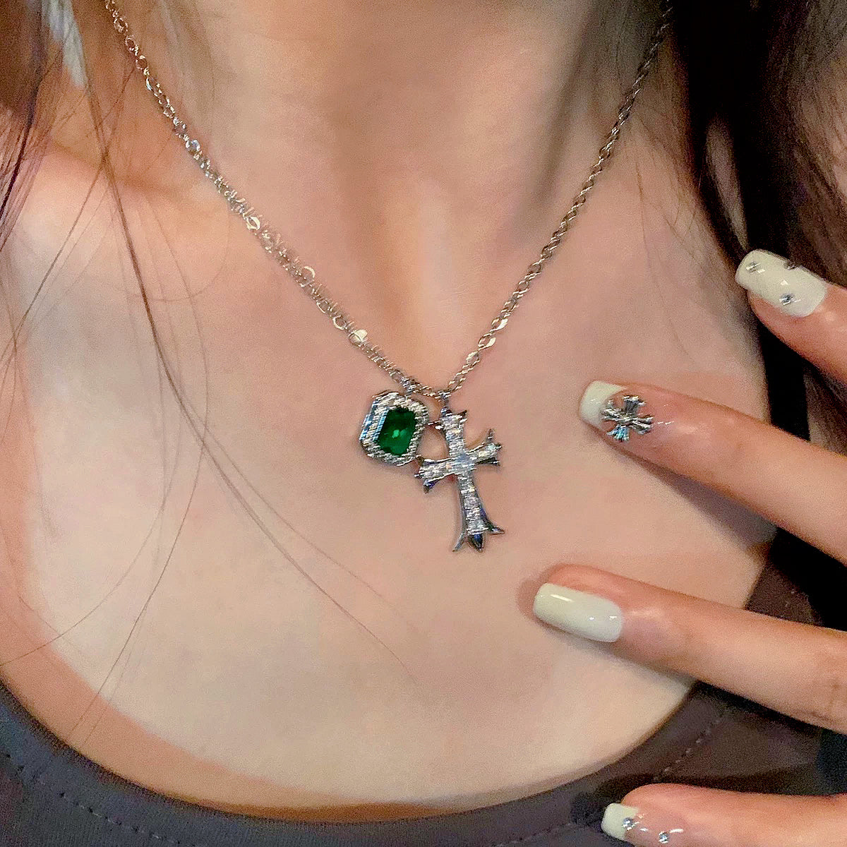 Emerald Zircon Necklace, Cross Zircon Earrings