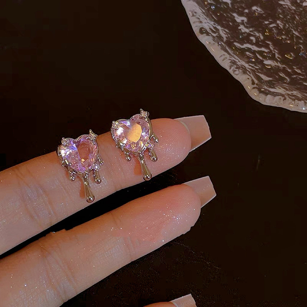 Pink Heart Zircon Liquid Earrings