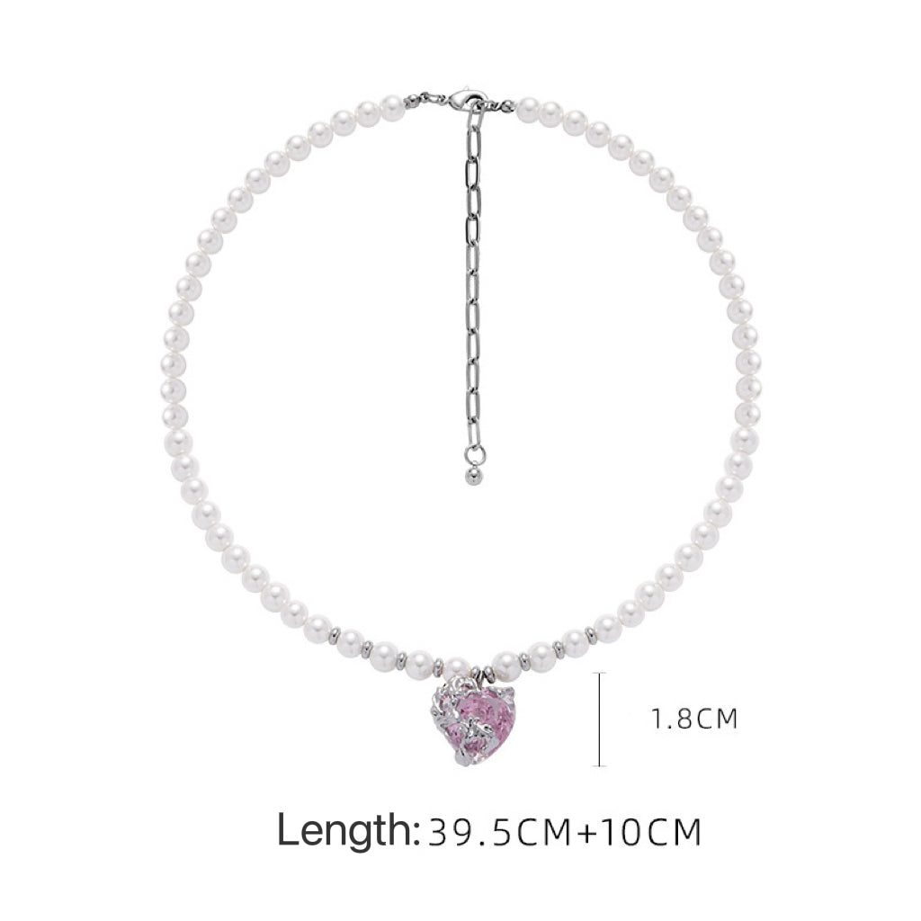 Pink Zircon Heart Pearl Necklace,Y2KPink Style