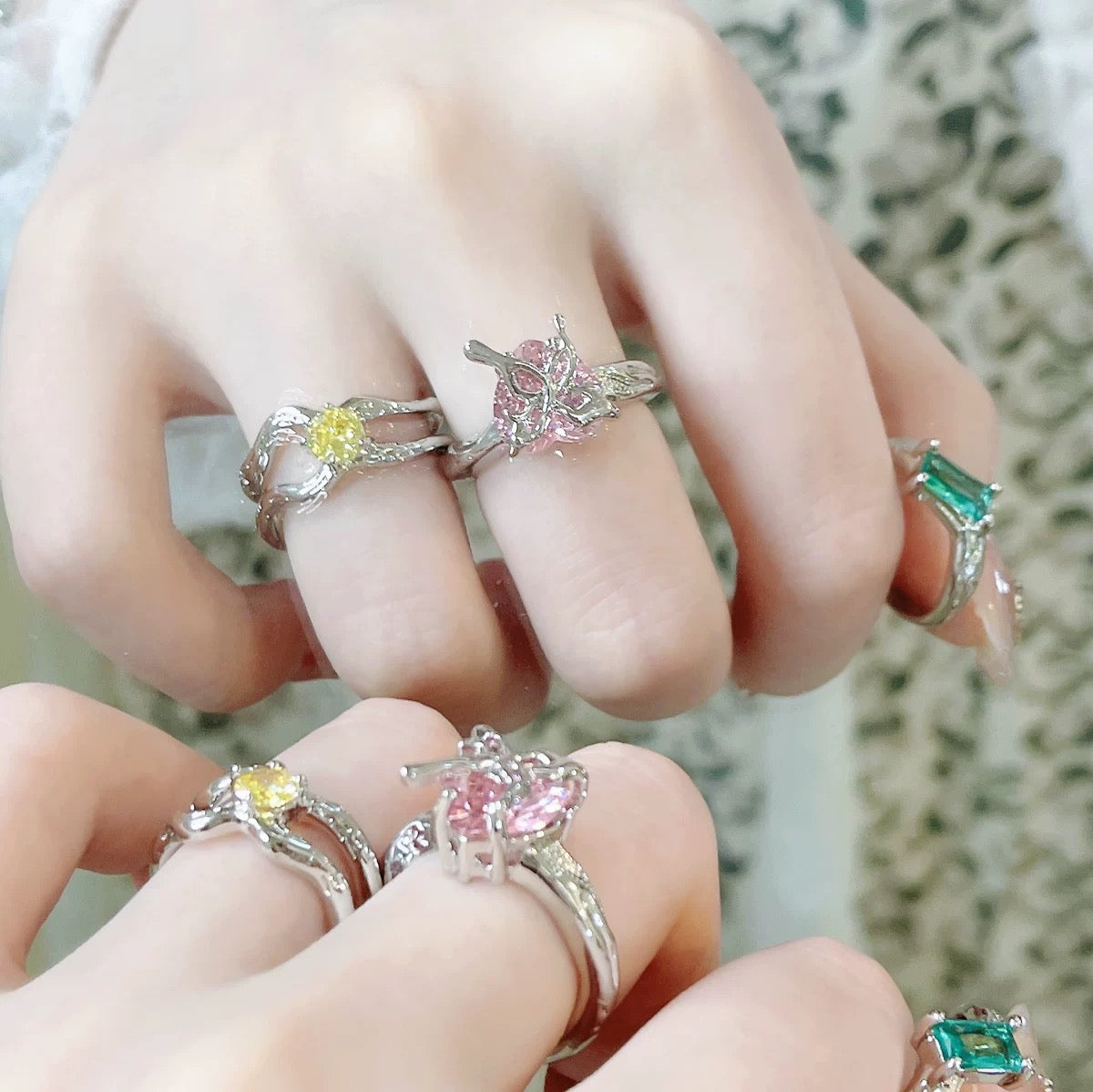 Pink Heart Butterfly Ring，Yellow Green Zircon Open Set Ring