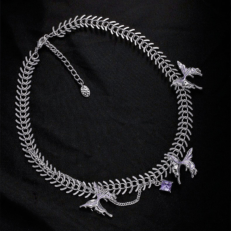 Purple Liquid Metal Butterfly Necklace，Fishbone Butterfly Bracelet