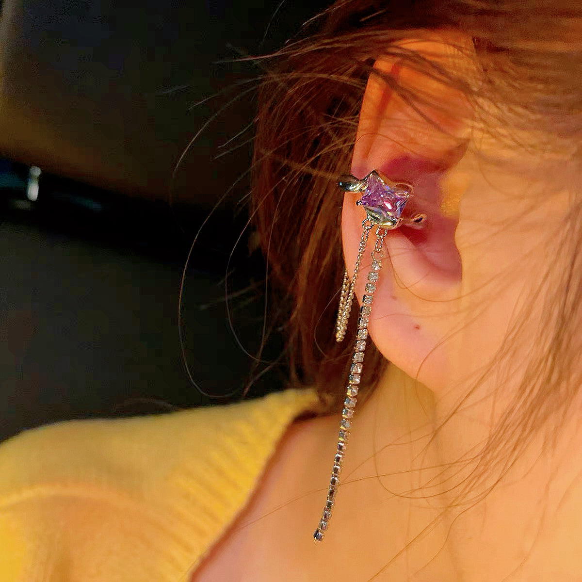 Purple Zircon Tassel Ear Clip