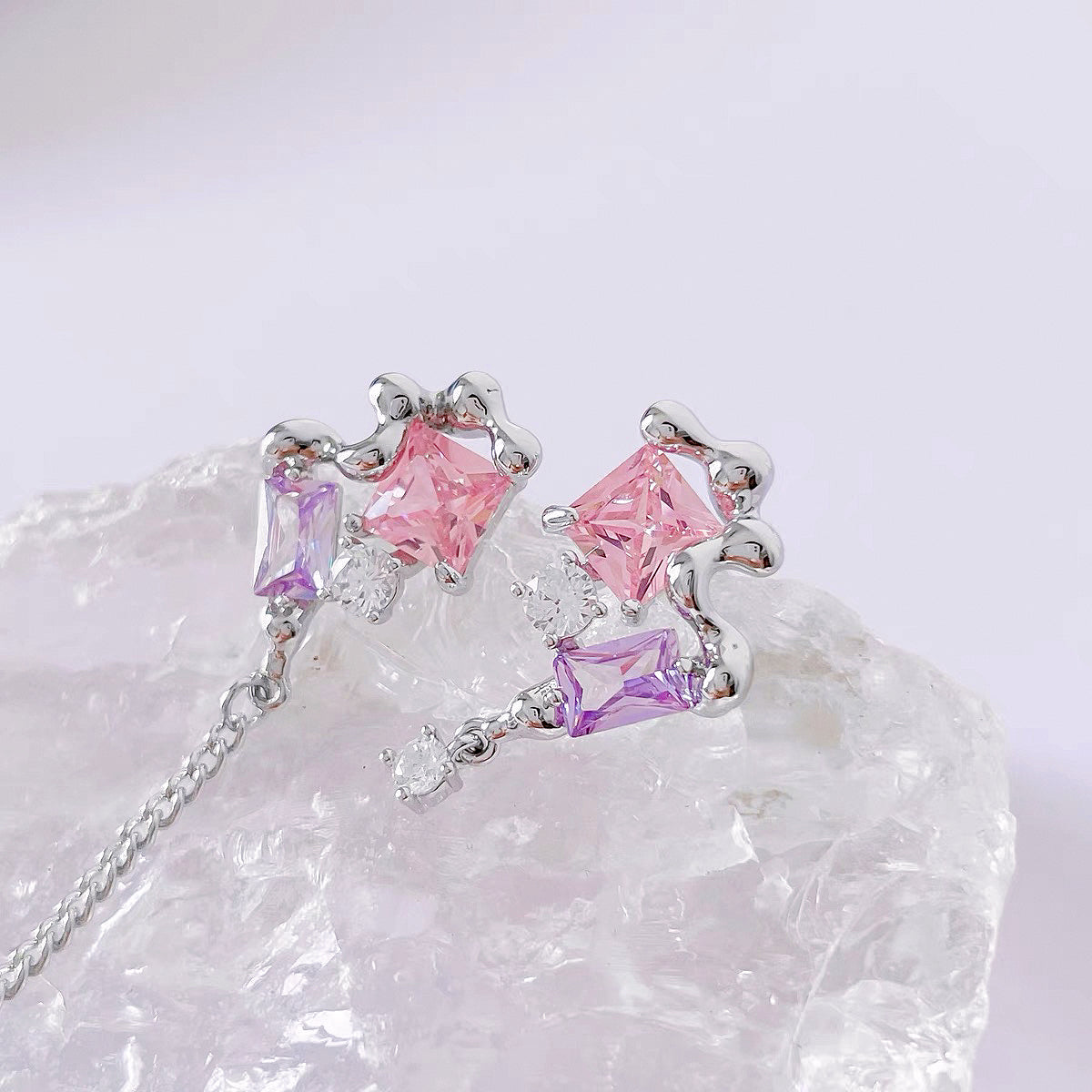 Pink & Purple Zircon Irregular Tassel Earrings