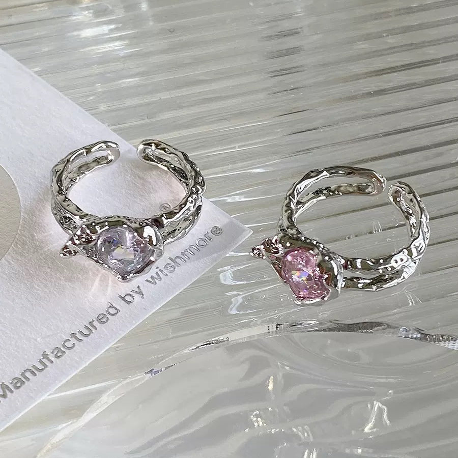 Pink & White Heart Zircon Ring，Y2K Pink Ring