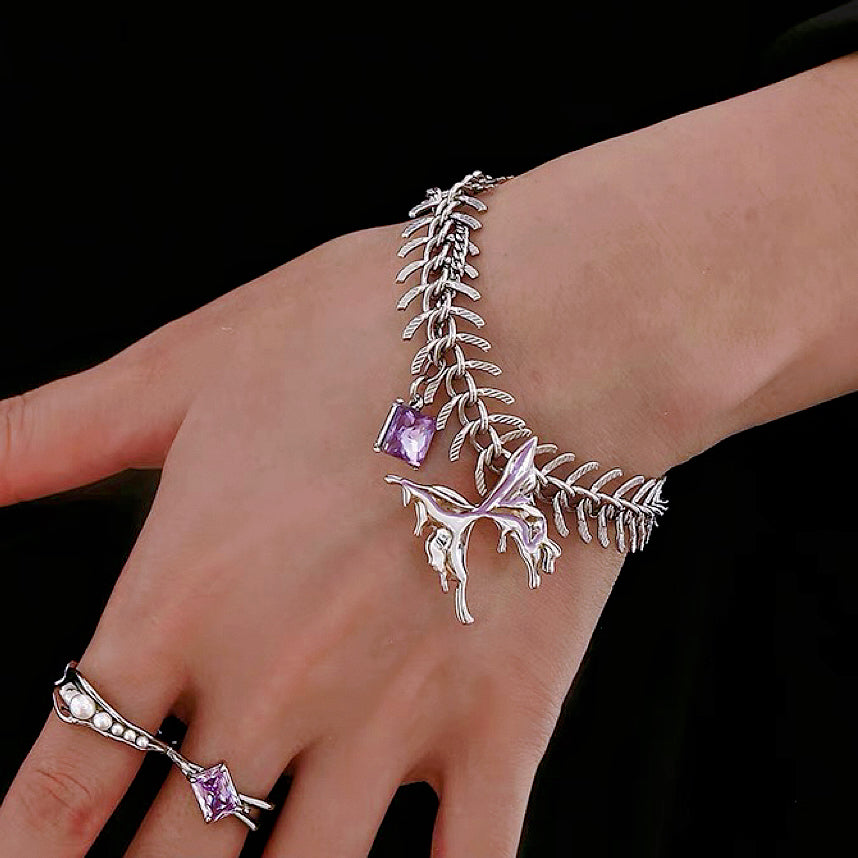 Purple Liquid Metal Butterfly Necklace，Fishbone Butterfly Bracelet