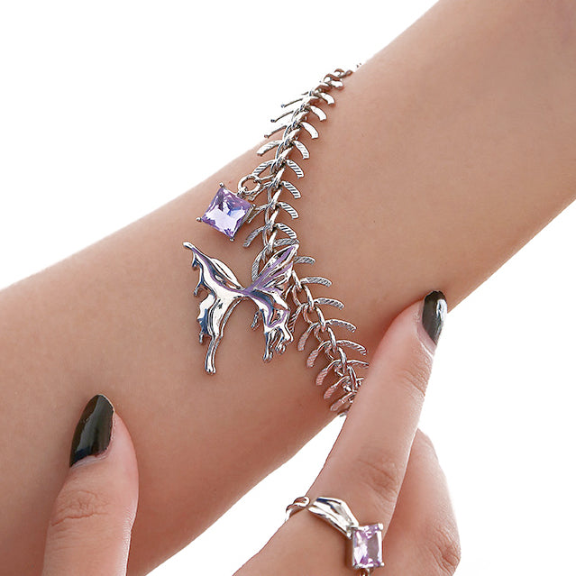 Purple Liquid Metal Butterfly Necklace，Fishbone Butterfly Bracelet