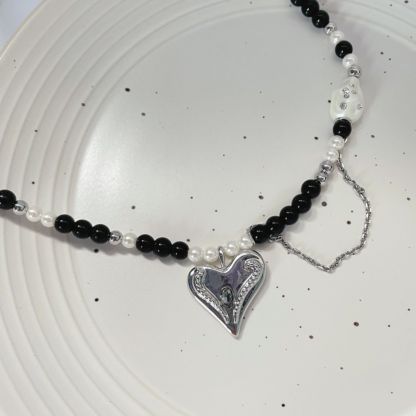 Heart Black Beaded Necklace