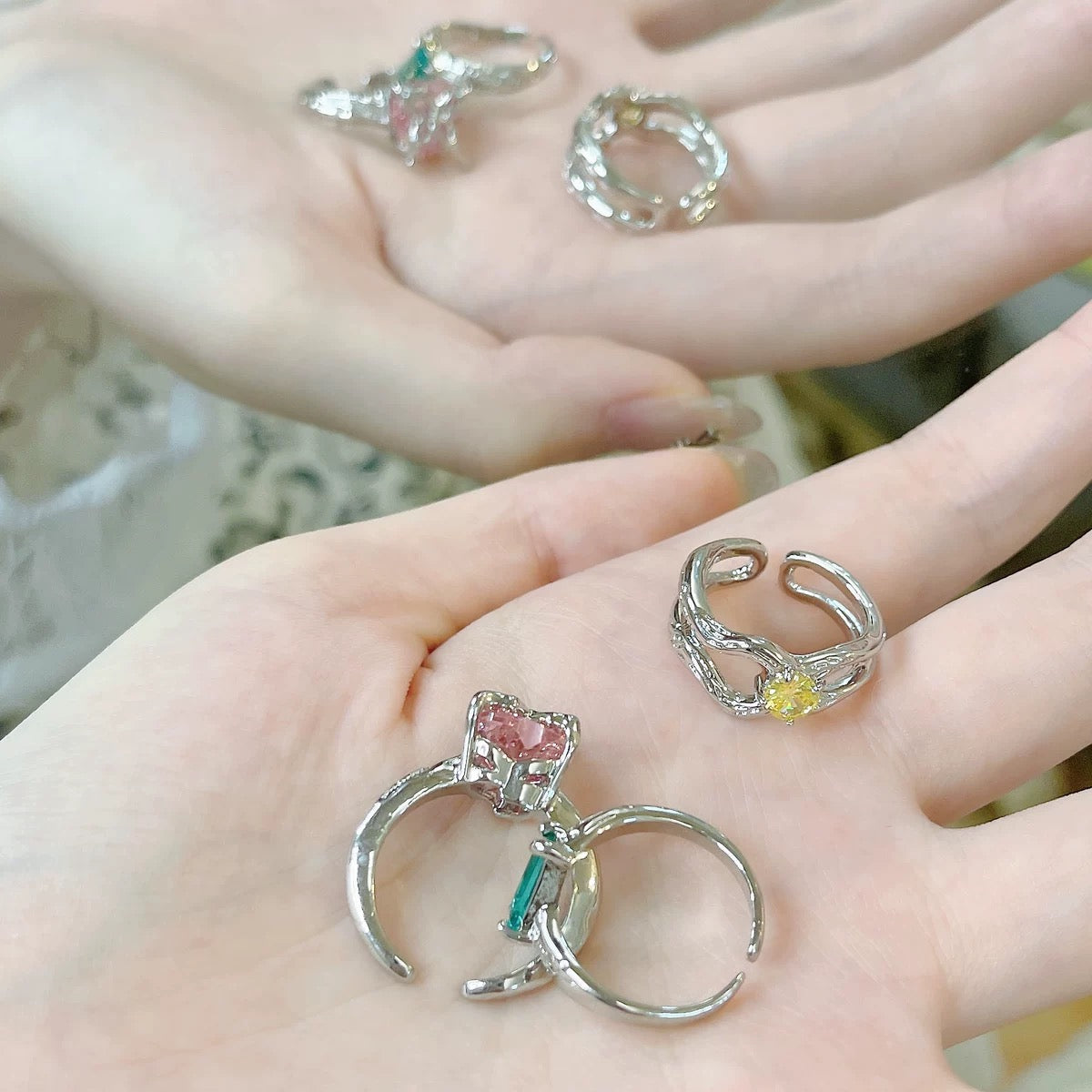 Pink Heart Butterfly Ring，Yellow Green Zircon Open Set Ring