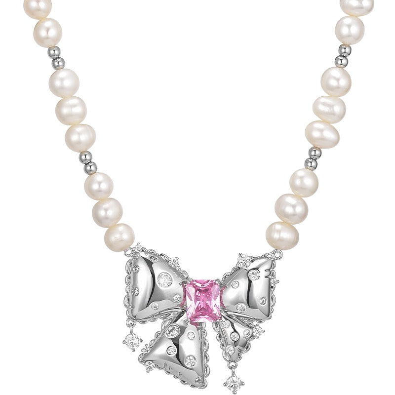 Pink Diamond Bow Pearl Necklace，Pink Zircon Earrings